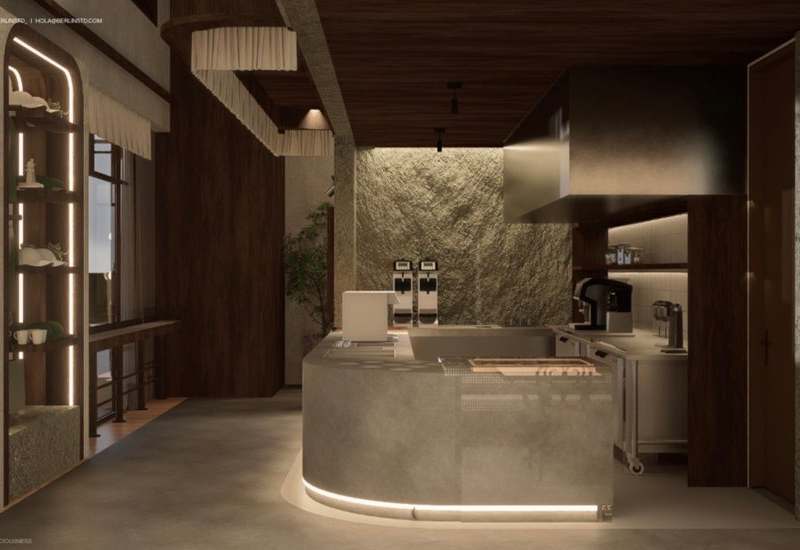 Curved stone counter with a warm light strip and built-in shelving