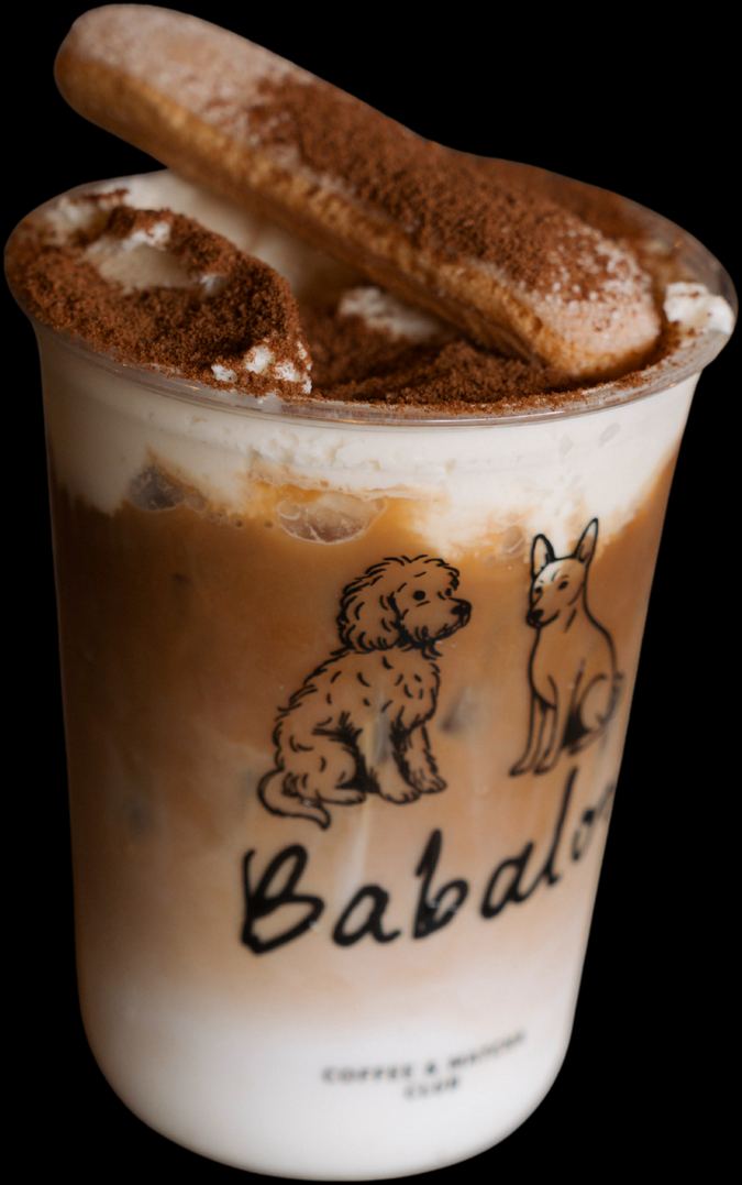 Iced latte tiramisu in a Babaloo cup topped with mascarpone, cocoa and a ladyfinger